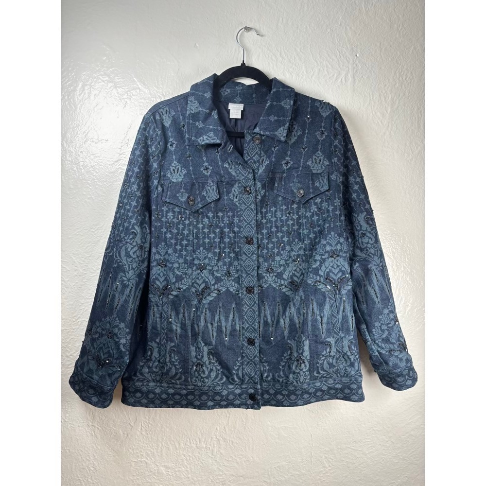 Chico's Denim Jacket 16 Blue Ikat Damask Beaded Sequin Stretch Artsy Sparkle